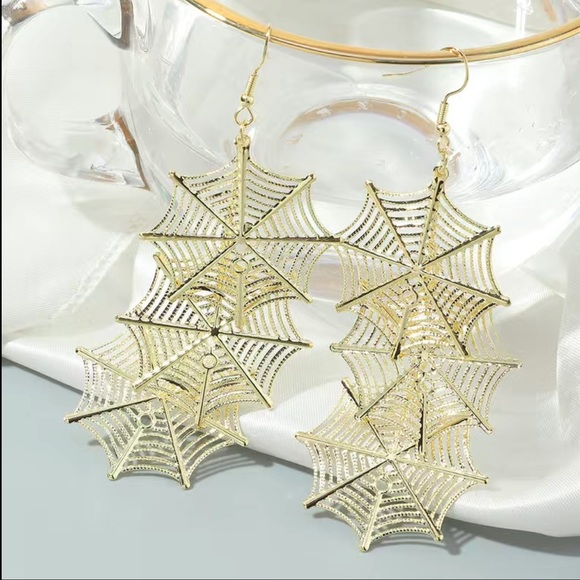 Gold Spiderweb Dangle Earrings - Picture 4 of 6
